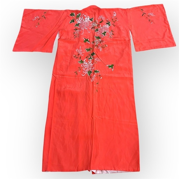 Embroidered Authentic Japanese Kimono, silk, neon orange, very unique, One size - Picture 2 of 6